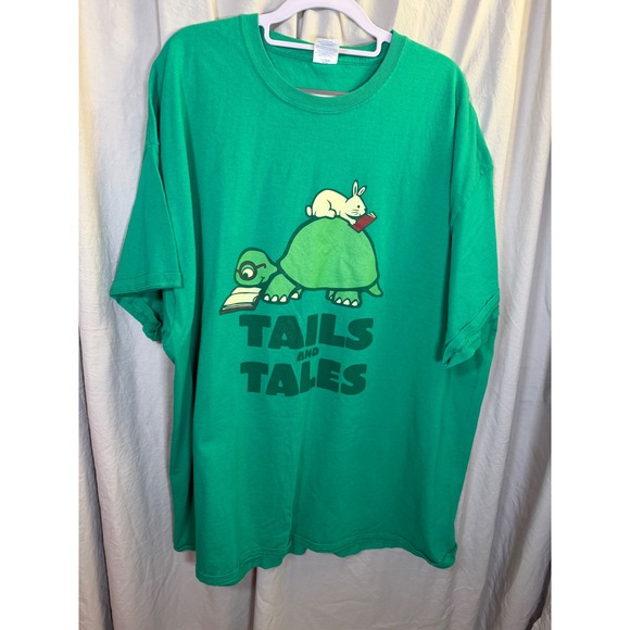 Port & Company Tops - Port & Company Tails and Tales Green Graphic T-Shirt Turtle Rabbit Reading 3XL